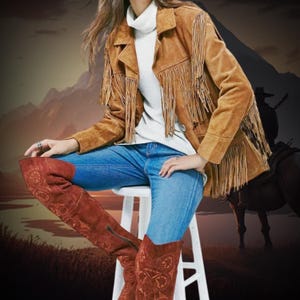 Ladies 70&#39;s Vintage Tan Suede Leather Fringe Jacket, Western Wear, 100% Genuine Suede Tassel Jacket, Hippie Fringe Jacket, Cowgirl Outfit