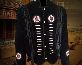 Handmade Suede Fringe Jacket: Western Beaded Leather, Unisex Biker Style, Indian Beaded Jacket, Native Indian Suede Jacket, Old West Outfit