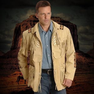 Men&#39;s Buffalo Leather Fringe Jacket: Western Cowboy Style with Native Beads