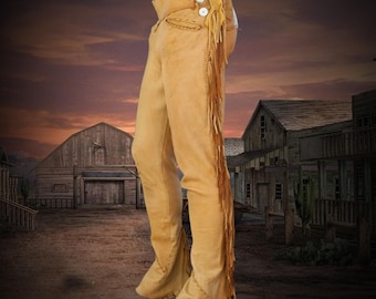 Pantalones de piel de búfalo hechos a mano con flecos: estilo montañés de los años 70, pantalones de cuero resistente estilo español con flecos, atuendo del Viejo Oeste, atuendo nativo.