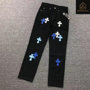 Black Denim Jeans with Blue Cross Patches Unisex Stylish Embroidered Jeans