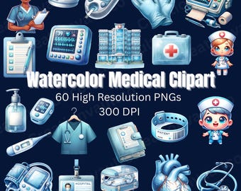 Paquete de imágenes prediseñadas médicas en acuarela / PNG de enfermeras y médicos, gráficos de atención médica / imágenes prediseñadas de hospitales para planificadores, sublimación