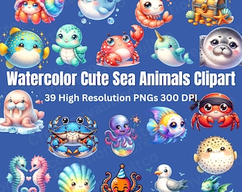 Watercolor Sea Animals Clipart: Kawaii Ocean PNGs (Digital Download)