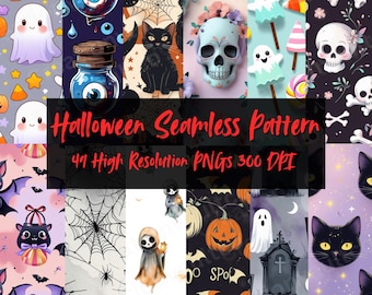 Patrón sin costuras de Halloween, calabazas y fantasmas espeluznantes y adorables, papel digital de telaraña con calavera, fondo para álbum de recortes, uso comercial