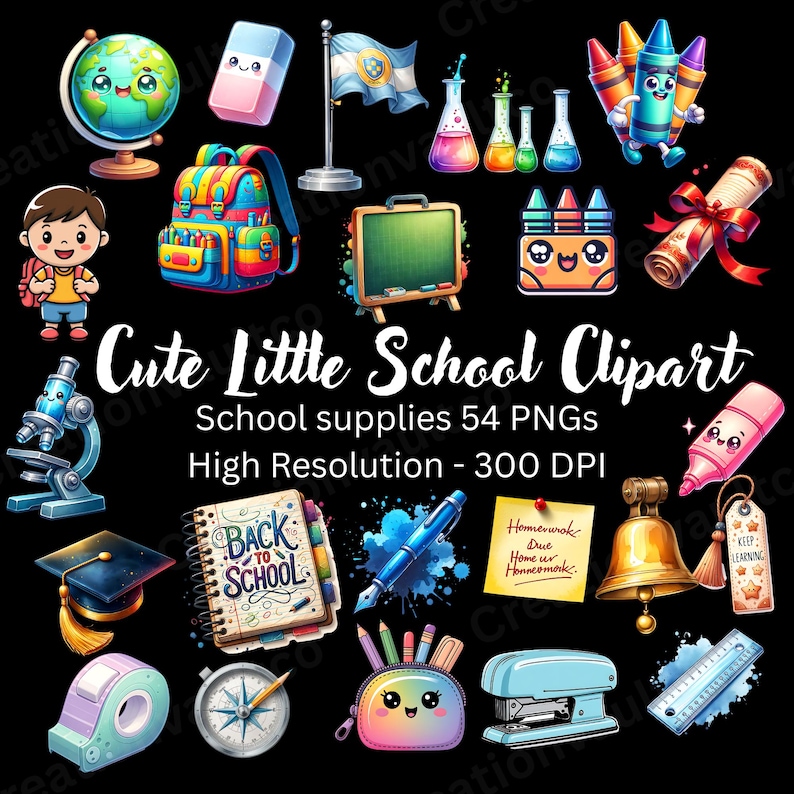 School Supplies Clipart Set: 54 Colorful Stationery Pngs (digital ...