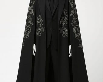 Mens Royal Black Embroidered Cape Suit | Gothic Victorian Tuxedo Long Cloak | Handmade Formal Evening Outfit | Custom Tailored Regal Costume