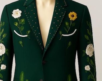 Customized Men's 2 Piece Floral Embroidered Green Suit Botanical Garden Theme Blazer Pants Set Unique Men’s Women’s Formal Wedding Outfit