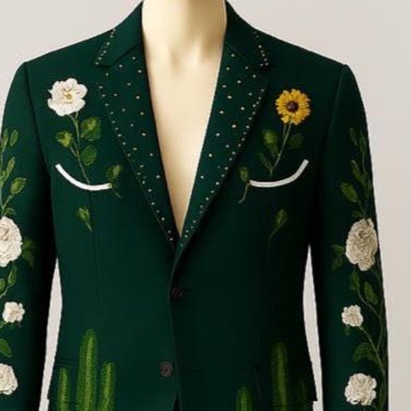 Customized Men's 2 Piece Floral Embroidered Green Suit Botanical Garden Theme Blazer Pants Set Unique Men’s Women’s Formal Wedding Outfit
