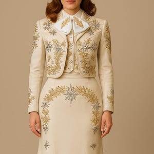 Custom Women Embroidered Charro Suit Handmade Ivory Gold Mariachi Set Custom Mexican Fiesta Outfit Traje de Charra Bordado Wedding Cocktail