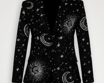 Customized Women 2 Pc Black Celestial Embroidered Velvet Suit Moon & Sun Starry Night Blazer and Pants Set Halloween Christmas Party Attire