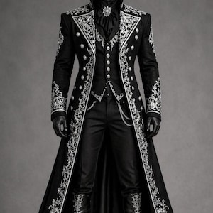 Könnte beinhalten: Schwarzer formeller Anzug mit aufwendiger silberner Stickerei. Das Ensemble umfasst einen langen Mantel, eine Weste, eine Hose und Stiefel. Der Mantel hat detaillierte Muster an den Kanten und Ärmeln, einen hohen Kragen und eine geknöpfte Weste.