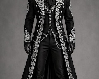 Custom Men’s Gothic Black Embroidered Tailcoat Suit | Victorian Royal Coat Silver Embroidery | Steampunk Wedding Outfit | Regal Prince Coat