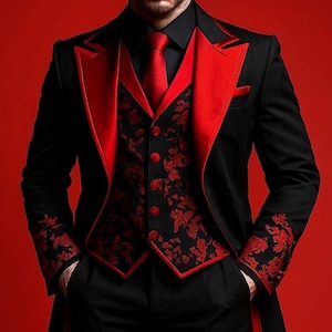 Customized Men’s 3Pc Black Red Gothic Tailcoat Suit Victorian Steampunk Wedding Outfit Vampire Cosplay Costume Halloween Party Costume