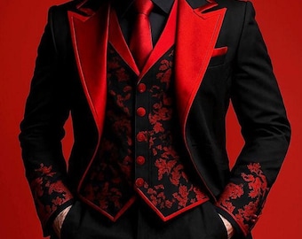 Traje de frac gótico negro y rojo personalizado para hombre, de 3 piezas, estilo victoriano steampunk, para boda, disfraz de vampiro, para fiesta de Halloween.