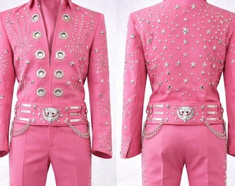 Traje de estrella de rock con diamantes de imitación rosas / Mono rosa estilo Aloha / Chaqueta con estrellas tachonadas hecha a mano y pantalones acampanados / Disfraz de actuación personalizado