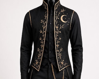 May include: A black long-tailed vest and matching trousers featuring gold embroidery of vines and a crescent moon. The vest has a high collar and gold piping. A gold chain with a cross pendant hangs from the waist. The outfit includes a black shirt.