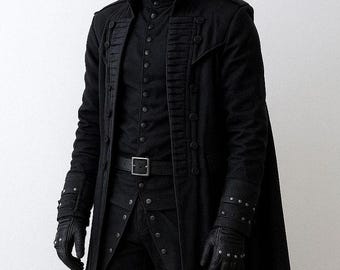 Customized Men’s Gothic Long Black Coat Steampunk Victorian Vampire Trench Coat with Cape | Dark Fantasy Cosplay Halloween Christmas Outfit