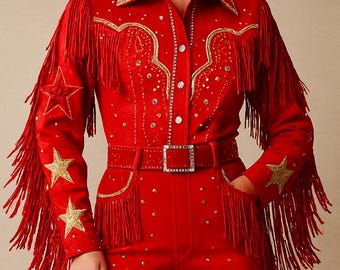 Aangepaste vintage rode western franje jumpsuit rodeo rode franje ster geborduurde glamour podium outfit bruiloft cocktail kleding kerst halloween