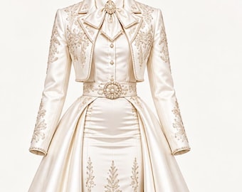 Peut inclure: Un ensemble en satin crème composé d'une veste courte à manches longues avec des broderies dorées complexes, une jupe taille haute assortie avec une surjupe amovible, une ceinture centrale à boucle circulaire et un nœud au col.