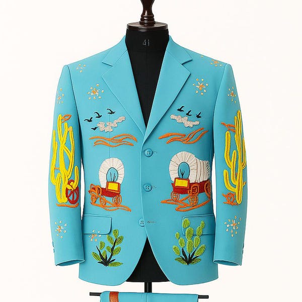 Custom Embroidered Turquoise Western Suit Handcrafted Cactus & Wagon Cowboy Outfit Country Western Suit