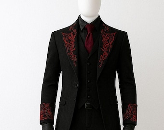 Customized Gothic Vampire Long Tailcoat Suit Black Red Embroidered Steampunk Victorian Jacket Vest | Men’s Halloween, Cosplay Wedding Outfit