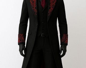 Traje de frac gótico de vampiro personalizado, chaqueta victoriana steampunk bordada en negro y rojo, para hombre, ideal para Halloween, cosplay y boda.