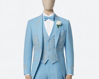 Sky Blue Embroidered Groom Suit 3-Piece Tailcoat Suit for Wedding Luxury Men’s Formal Suit Custom Embroidery Tuxedo Prom Reception Outfit