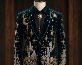 Midnight Desert Western Suit for Men | Luxury Velvet Embroidered Cowboy Suit | Celestial Moon Cactus Jacket | Custom Party Wear