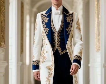 Customized Royal White Blue Embroidered Prince Coat Baroque Long Coat | Custom Tailored Regal Menswear Cosplay Wedding Christmas Outfit