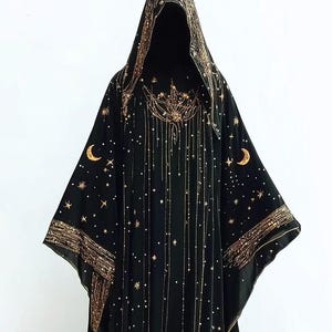 Celestial Hooded Cloak Galaxy Starry Night Robe with Moon Constellation Embroidery | Mystical Witchy Festival Costume Halloween Cape Outfit