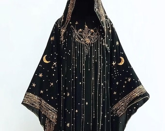 天体フード付きマント、ギャラクシー星空夜行ローブ、月星座刺繍入り | 神秘的な魔女のお祭りコスチューム、ハロウィンケープ衣装
