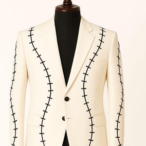 Customized Cream Stitched Pattern Embroidered 2 Pc Suit Gothic Frankenstein Inspired Formal Wear Cowboy Wedding Outfit Country Western Suit