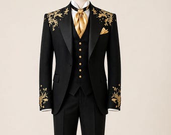 Men’s Black Gold Embroidered Suit, Royal Wedding Suit Groom, Baroque Prince Suit, Luxury Tuxedo Set, Victorian Formal Suit, Regal Men Outfit