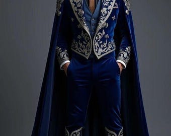 Custom Royal Blue Velvet Embroidered Men Cape Suit Regal Groom Outfit Royal Prince Costume Cape Prince Costume  Baroque Venetian Renaissance