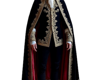 May include: A black velvet costume with gold embroidery, including a cape, jacket, and hat. The cape has a red lining. The outfit is reminiscent of historical or theatrical attire.