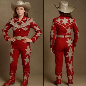Vintage-Inspired Red Western Cowgirl Suit | Rodeo Fringe Outfit with Silver Star Embroidery | Country Glam 2  Piece Cowgirl Wedding Attire