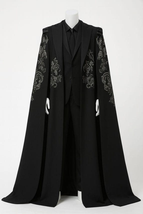 Mens Royal Black Embroidered Cape Suit | Gothic Victorian Tuxedo