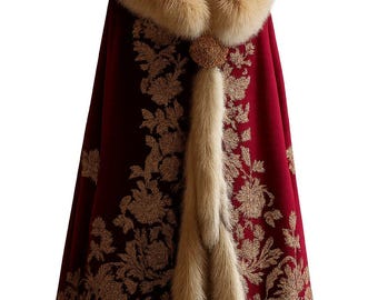 Customized Royal Red Velvet Cape Gold Embroidery Faux Fur Trim Handmade Baroque Cloak Luxury Costume Cape Men Women Christmas Party Attire