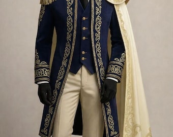 May include: A navy blue long coat with gold embroidery, gold epaulets, and a cream-colored cape with gold trim. The ensemble includes a navy blue vest with gold buttons, a white collared shirt, a black tie, cream trousers, and black gloves.
