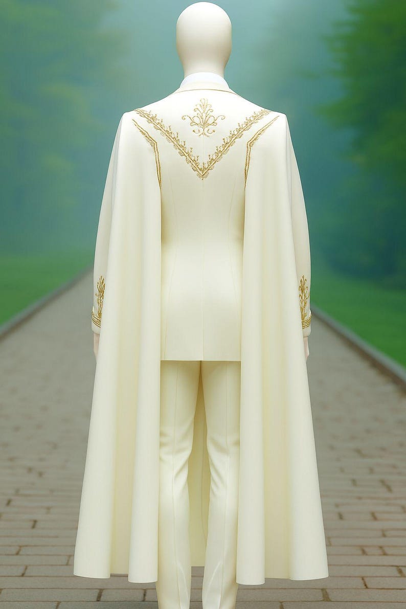 Puede incluir: Traje marfil con capa, exhibido en un maniqu&iacute;. El traje presenta bordados dorados en la espalda y las mangas. La capa fluye por la espalda, creando un aspecto formal y elegante. El fondo es una escena exterior borrosa.