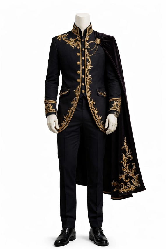 Customized Royal Black Prince Tailcoat Gold Embroidery, Military Wedding Suit Men, Regal Groom Outfit with Cape, Victorian Formal Costume