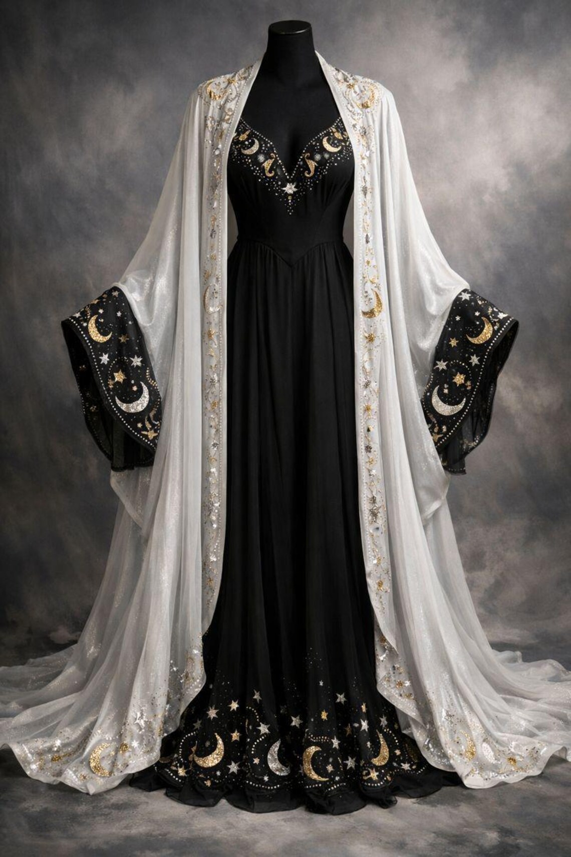 Celestial Moon & Stars Black Dress With White Sheer Robe, Gothic ...