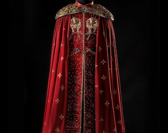Anpassad kunglig röd broderad sammetskappa, handgjord gyllene broderad kappa, kunglig kostym, teaterkarneval, galaevenemang, broderad kappa