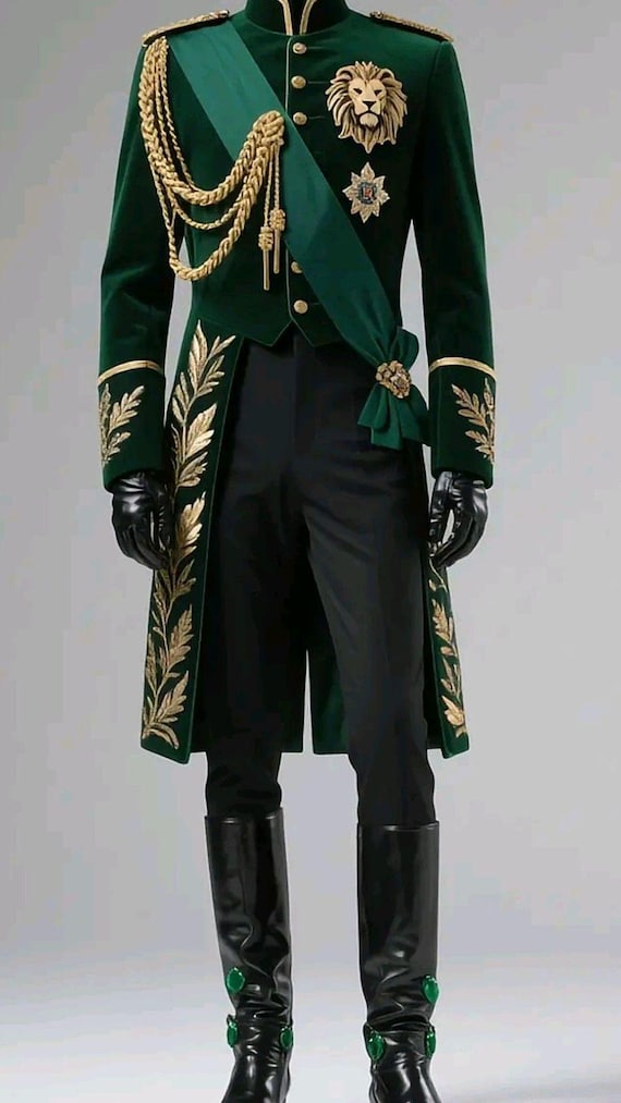 Regal Green Gold Embroidered Royal Uniform Coat | Luxury Historical Costume | Mens Formal Cosplay Outfit
