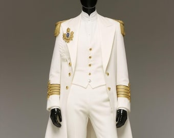 Royal Navy Blue & White Embroidered Men’s Coat Suit | Regal Military Inspired Formal Attire | Wedding, Stage Costume Wear, Halloween Costume