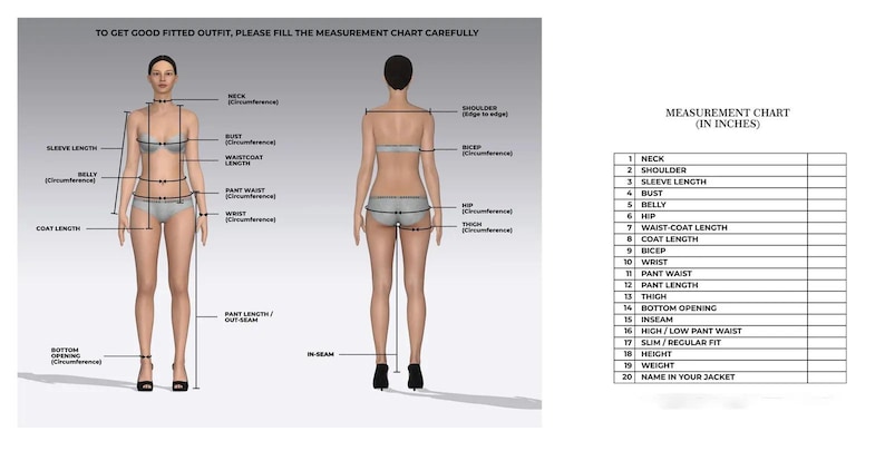 Puede incluir: Una tabla de medidas con un diagrama de una persona, delante y detr&aacute;s, con medidas corporales en pulgadas. La tabla incluye medidas para el cuello, el busto, la longitud de la manga y m&aacute;s. El texto en la parte superior dice: "PARA OBTENER UN AJUSTE ADECUADO, POR FAVOR, RELLENE LA TABLA DE MEDIDAS CON CUIDADO."