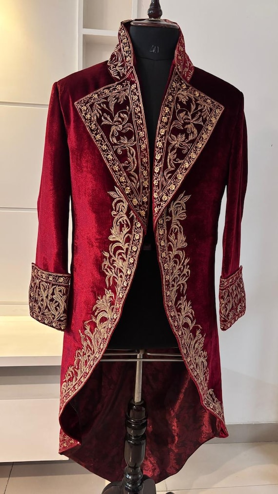 Customized Red Velvet Tailcoat Gold Embroidery Victorian Steampunk