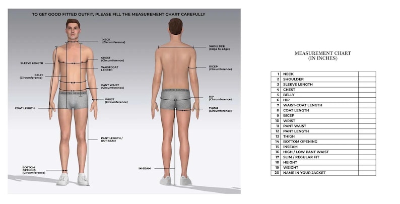 Puede incluir: Diagrama que ilustra las medidas corporales para ropa a medida. Incluye vistas frontal y posterior de una persona con puntos de medici&oacute;n etiquetados como cuello, pecho y cintura. Tambi&eacute;n se muestra una tabla de medidas en pulgadas.