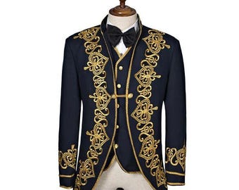 Frac negro bordado real para hombre / Chaqueta estilo barroco victoriano / Blazer con bordado dorado para bodas, escenarios y eventos formales