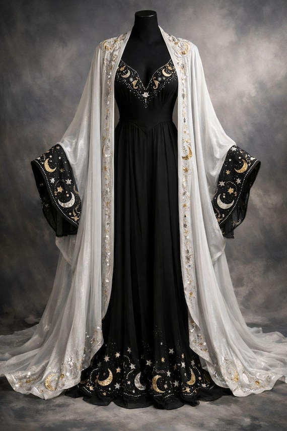 Celestial Moon & Stars Black Dress With White Sheer Robe, Gothic Fantasy Gown, Astrology Inspired Outfit, Boho Witch Dress, Evening Wear